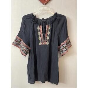 New Directions Womens Small Blue Bohemian Relaxed Ruffled Tunic Blouse! M879